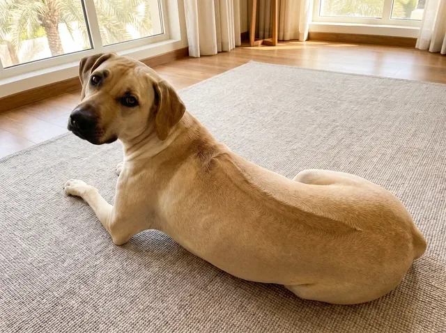 Rhodesian Ridgeback in Dubai, a light wheaten adult lying on a stone-coloured rug, the ridge showing, palms outside