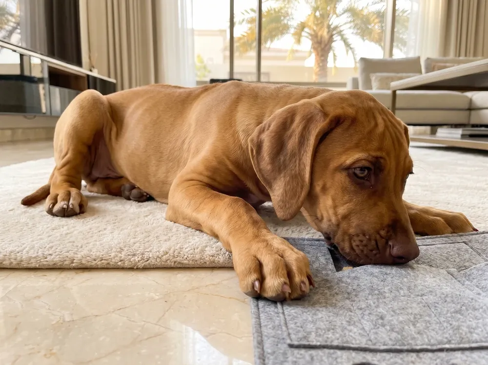 Rhodesian Ridgeback in Dubai, a liver-nosed wheaten puppy nosing a snuffle mat on a rug over marble, palms outside