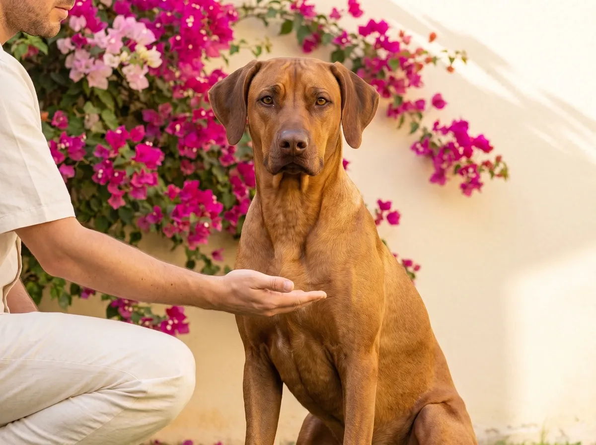 Rhodesian Ridgeback, a calm liver-nosed adult meeting a pet parent's open hand by a bougainvillea wall