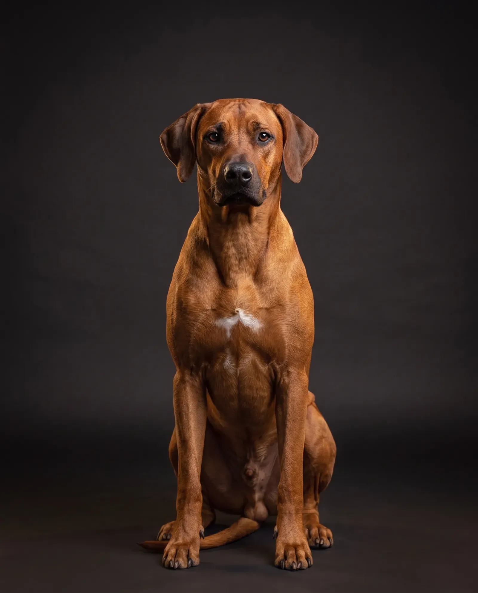 Rhodesian Ridgeback in Dubai, studio portrait of a calm red wheaten adult sitting