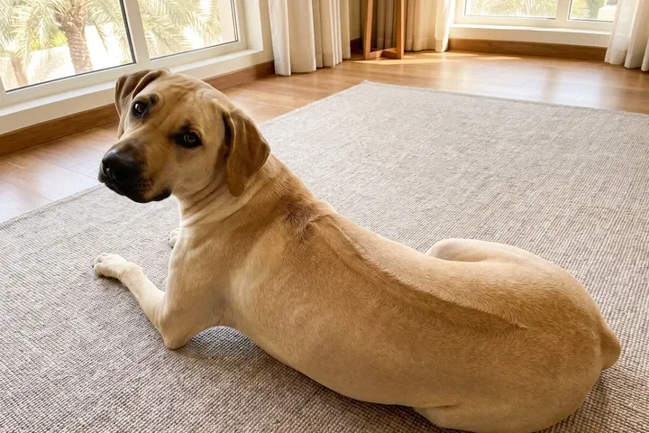 Rhodesian Ridgeback history, a light wheaten adult lying on a rug, the ridge along the back