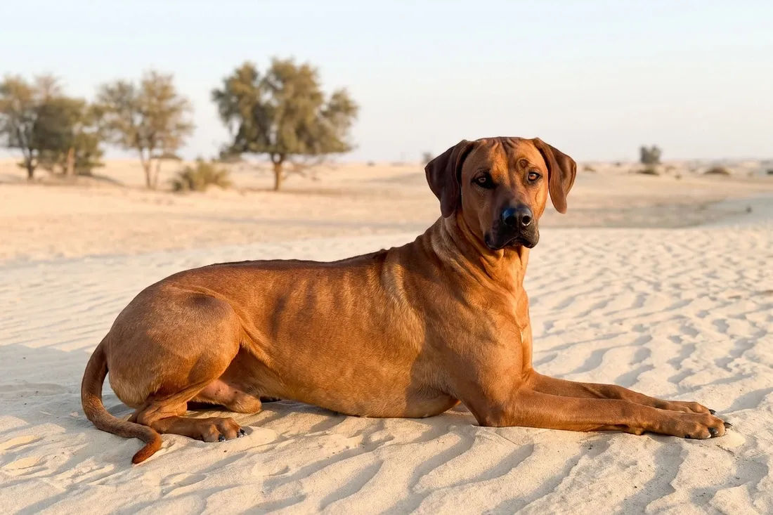 Rhodesian Ridgeback history, the breed today, a red wheaten adult lying on desert sand, Dubai, 2026