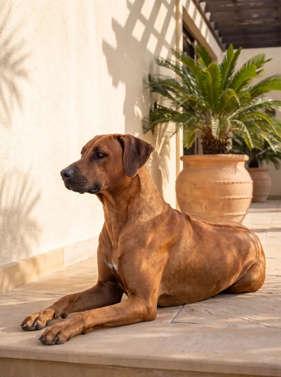 Rhodesian Ridgeback in Dubai, the same adult resting in the shade of a villa terrace beside a potted palm