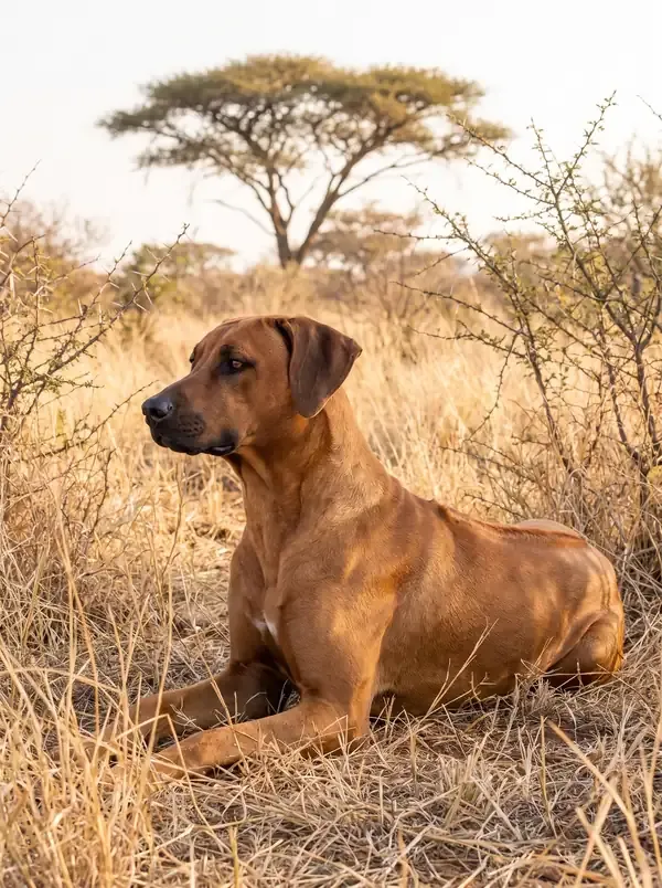 Rhodesian Ridgeback, a red wheaten adult lying with head up in dry African bush, an acacia behind