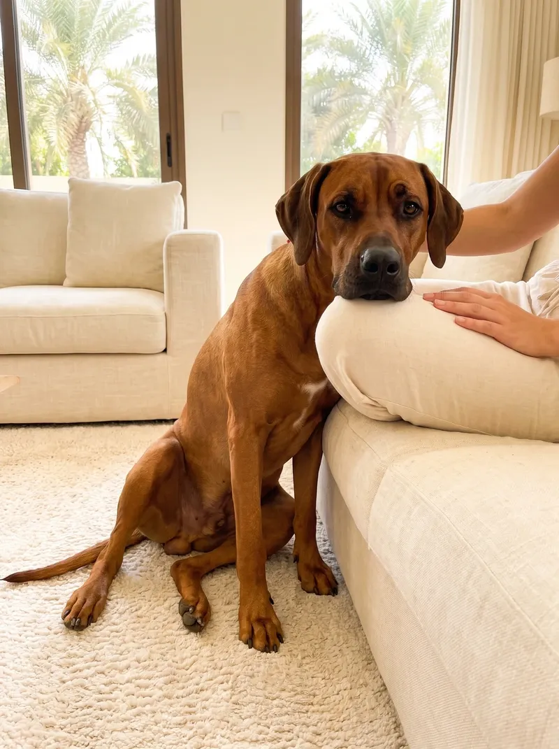 Rhodesian Ridgeback in Dubai, a red wheaten adult leaning against a pet parent's knee by a sofa, palms outside