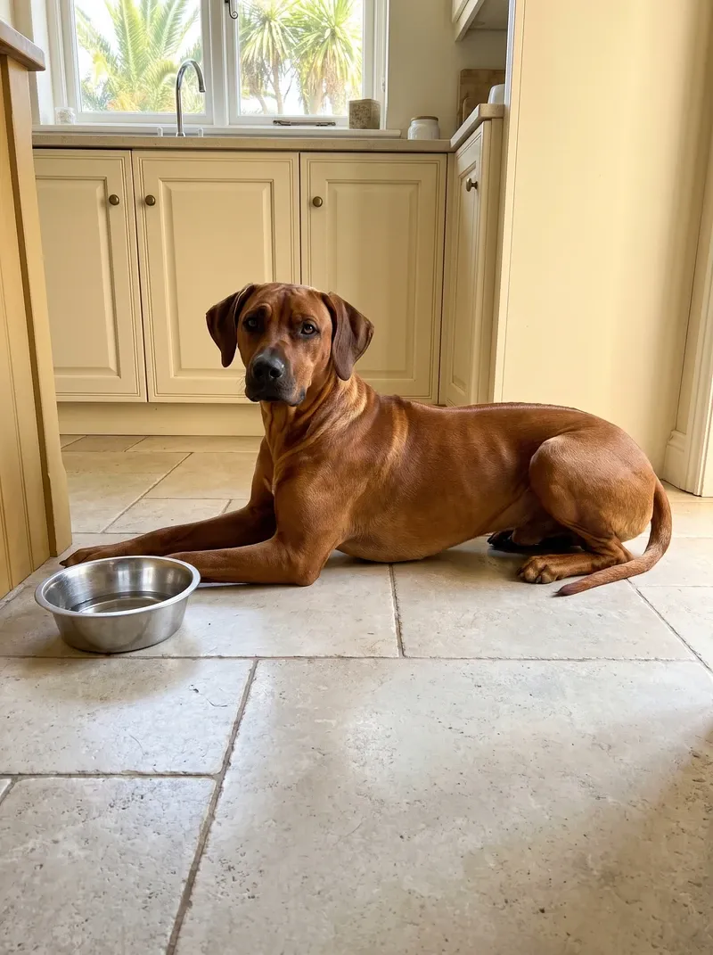 Rhodesian Ridgeback in Dubai, a red wheaten adult lying calmly on kitchen tiles beside an empty bowl, palms outside