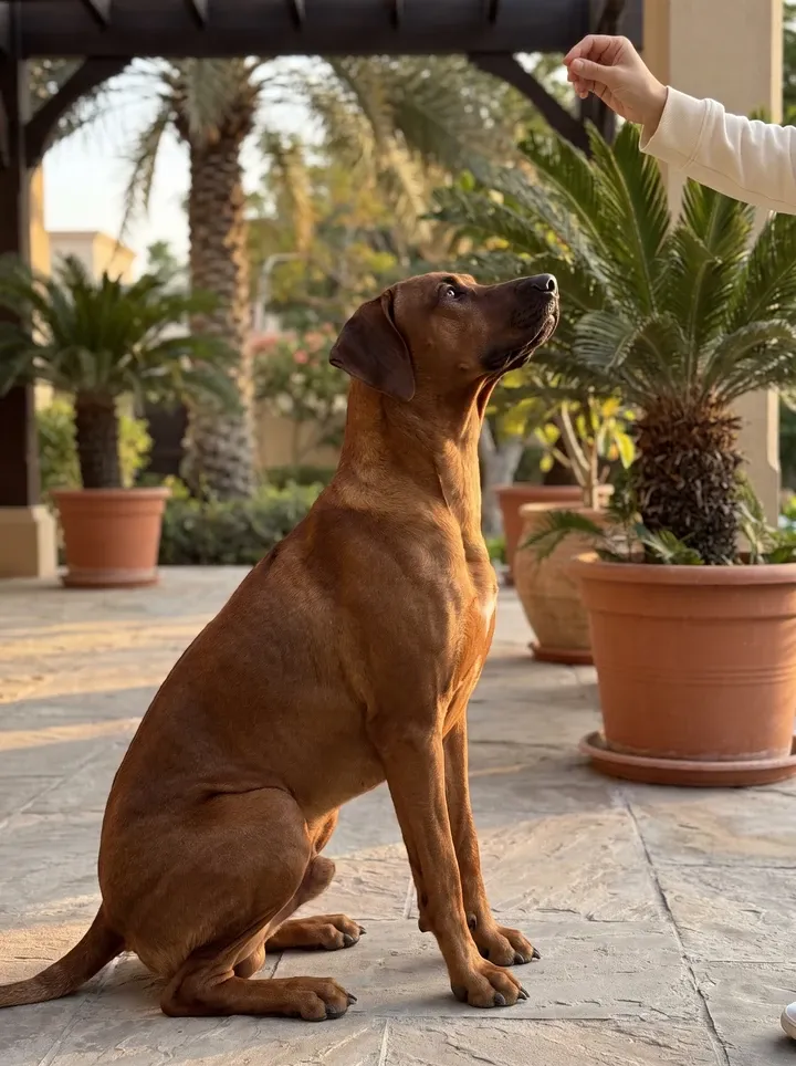 Rhodesian Ridgeback in Dubai, a red wheaten adult on a villa terrace looking up at a pet parent's hand, palms behind