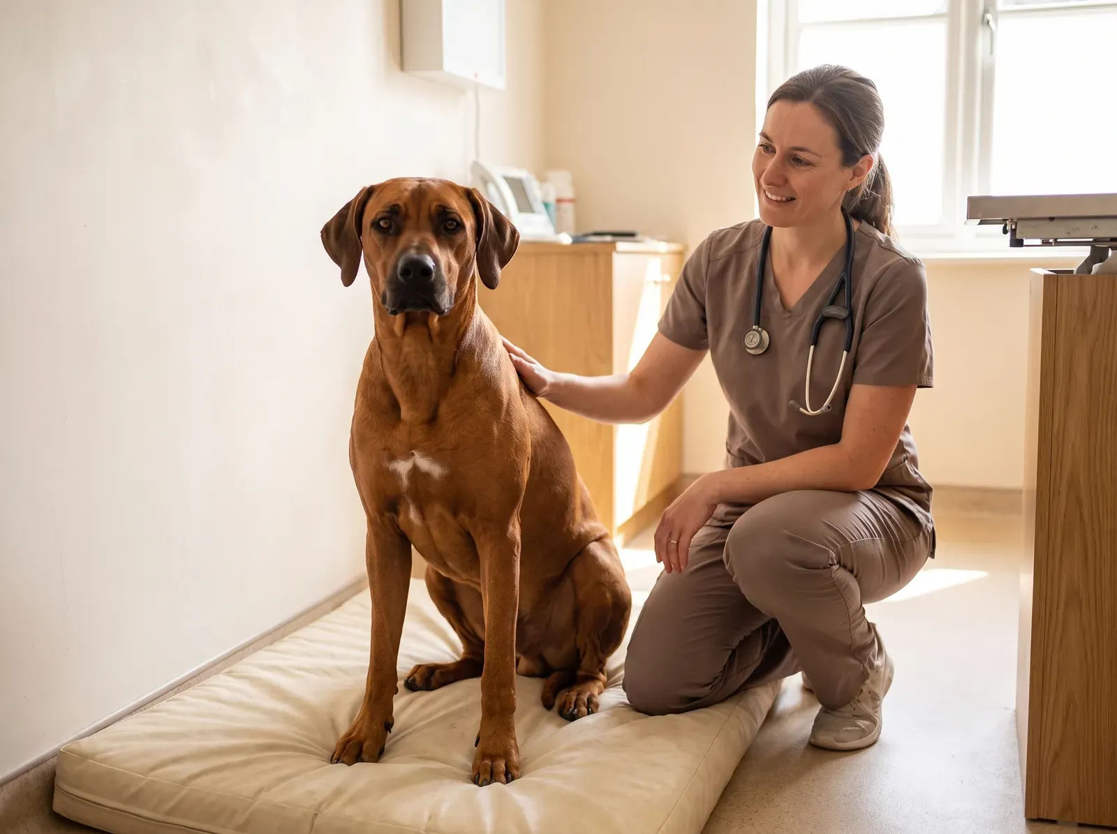 Rhodesian Ridgeback, a red wheaten adult on a padded mat as a vet in taupe scrubs rests a hand on their back