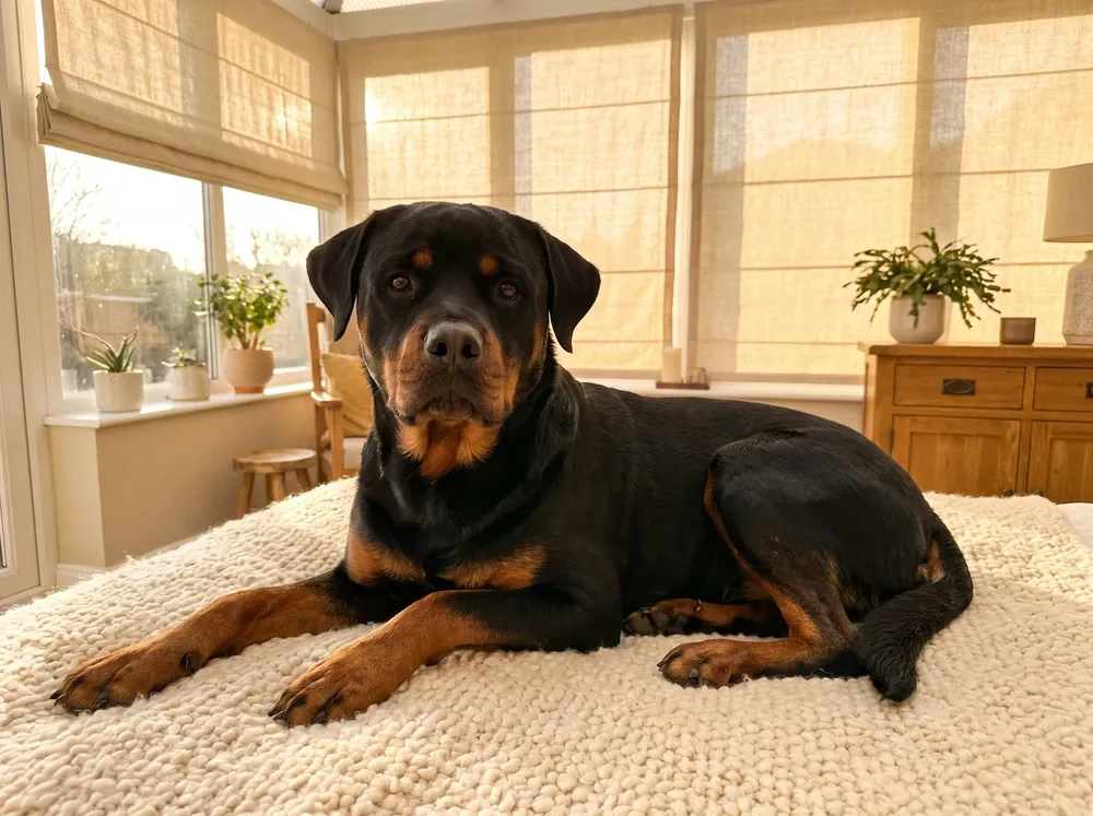 Rottweiler, lying on a cream blanket in a sunroom with linen blinds