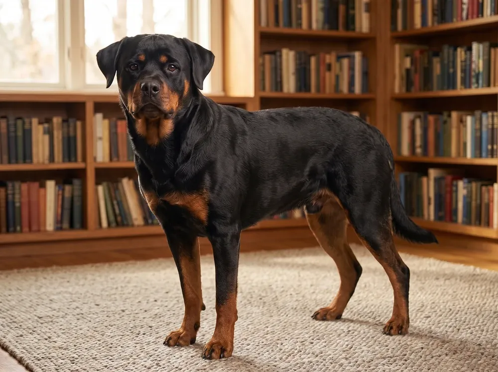 Rottweiler, a black and mahogany adult standing on a wool rug in a reading room