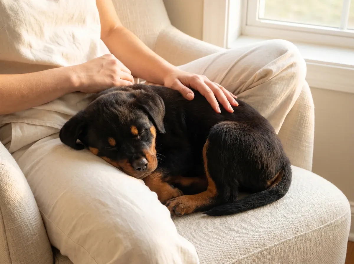 Rottweiler, a puppy asleep in a pet parent's lap in a linen armchair