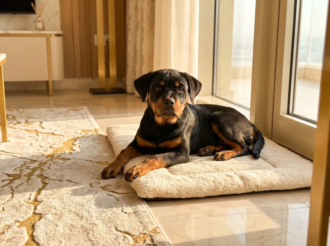 Rottweiler, a young dog lying on a cream mat on the marble floor of a bright flat