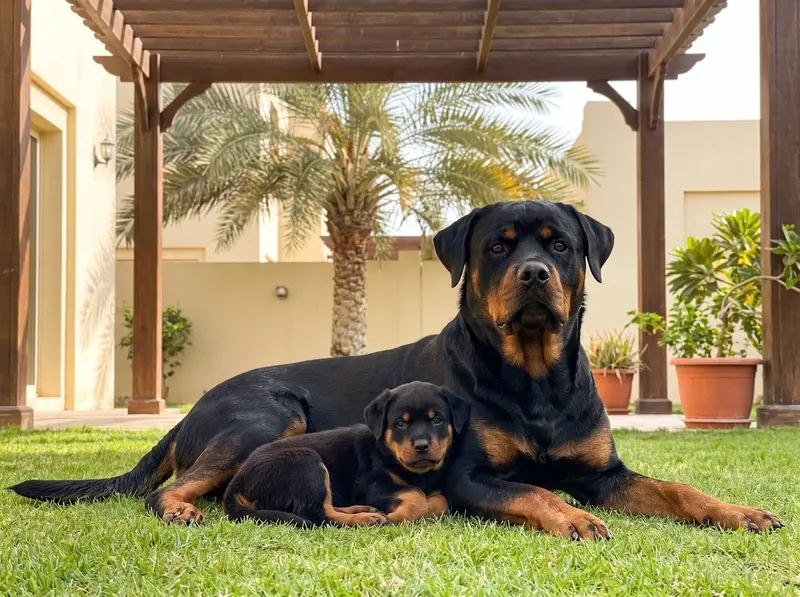 Rottweiler in Dubai, a mother lying with a puppy on a shaded villa lawn with palms