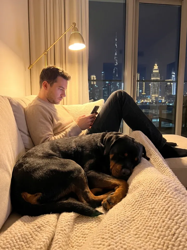 Rottweiler in Dubai, asleep on a cream throw beside a pet parent on the sofa at night, the skyline beyond