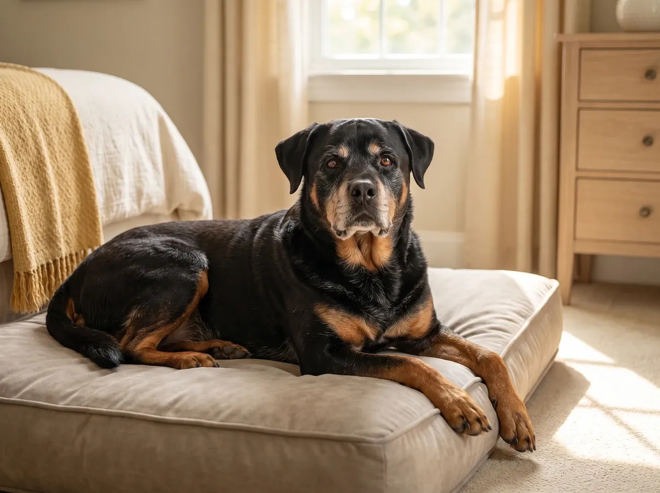 Rottweiler, an older adult with a greying muzzle resting on an orthopaedic dog bed in a bright bedroom