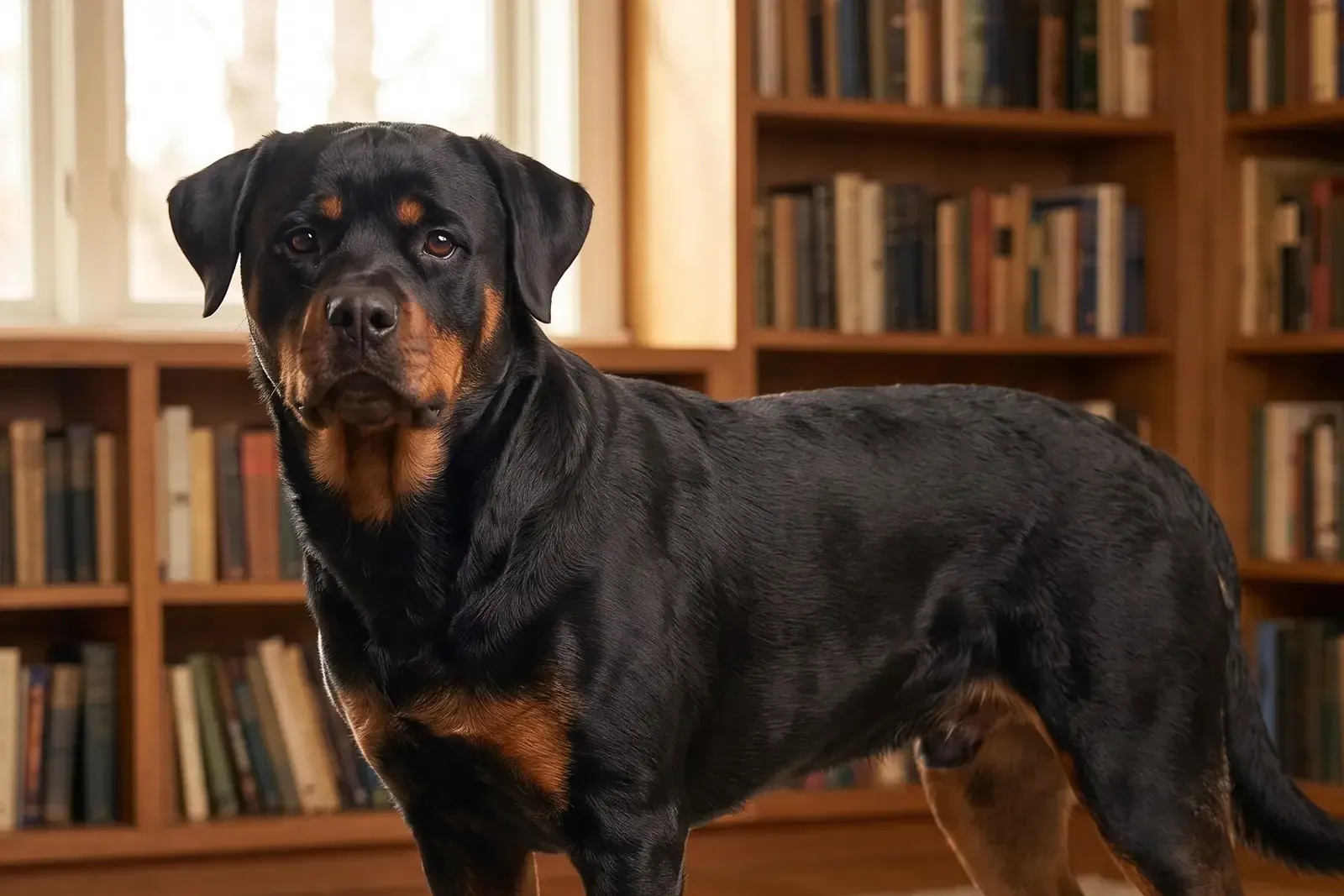 Rottweiler history, a black and mahogany adult standing on a wool rug in a reading room