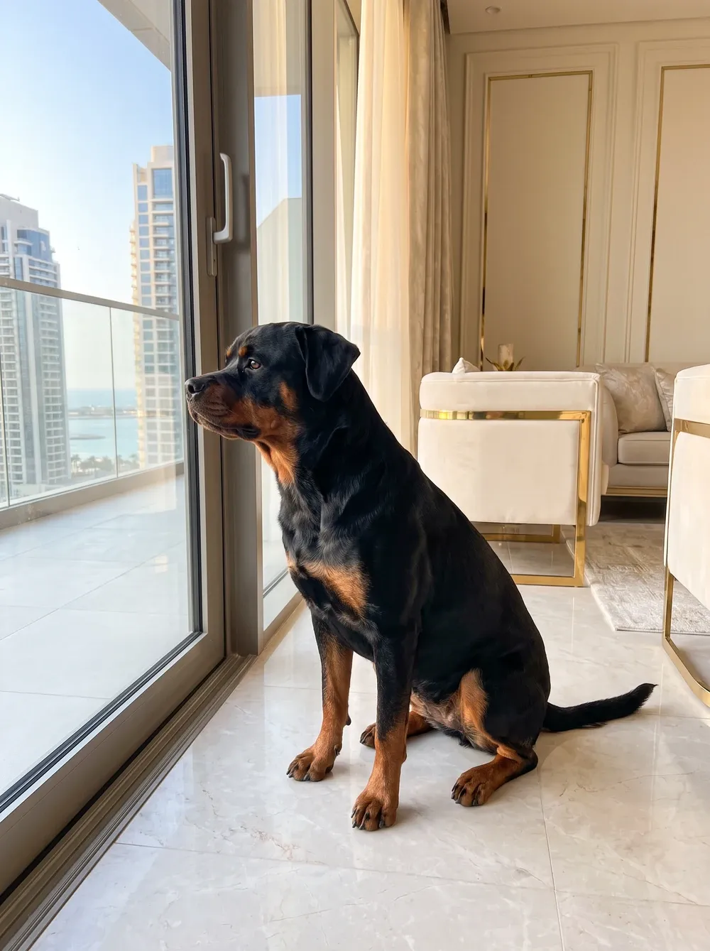Rottweiler in Dubai, sitting by a tall window in a high-rise flat with towers beyond
