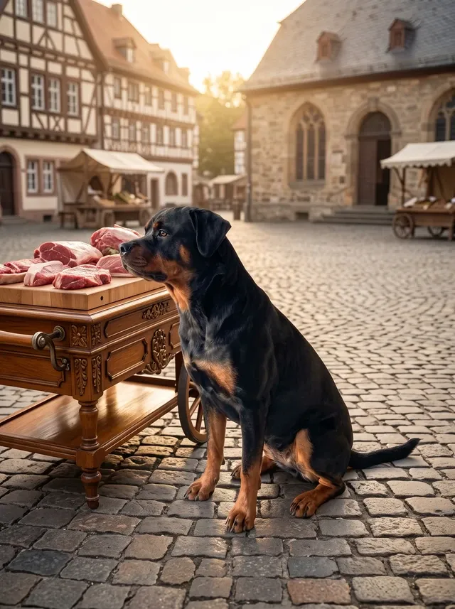 Rottweiler, sitting beside a butcher's cart of meat on a cobbled old German street