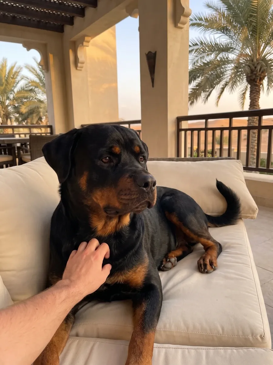 Rottweiler in Dubai, lying on a villa terrace sofa among palms while a pet parent scratches their chest