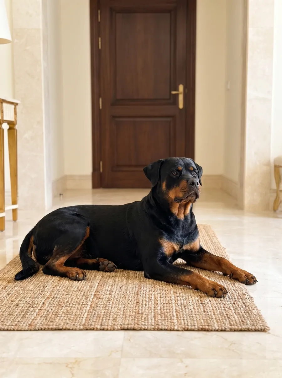 Rottweiler, lying calmly on a jute mat in a marble villa hallway by the front door