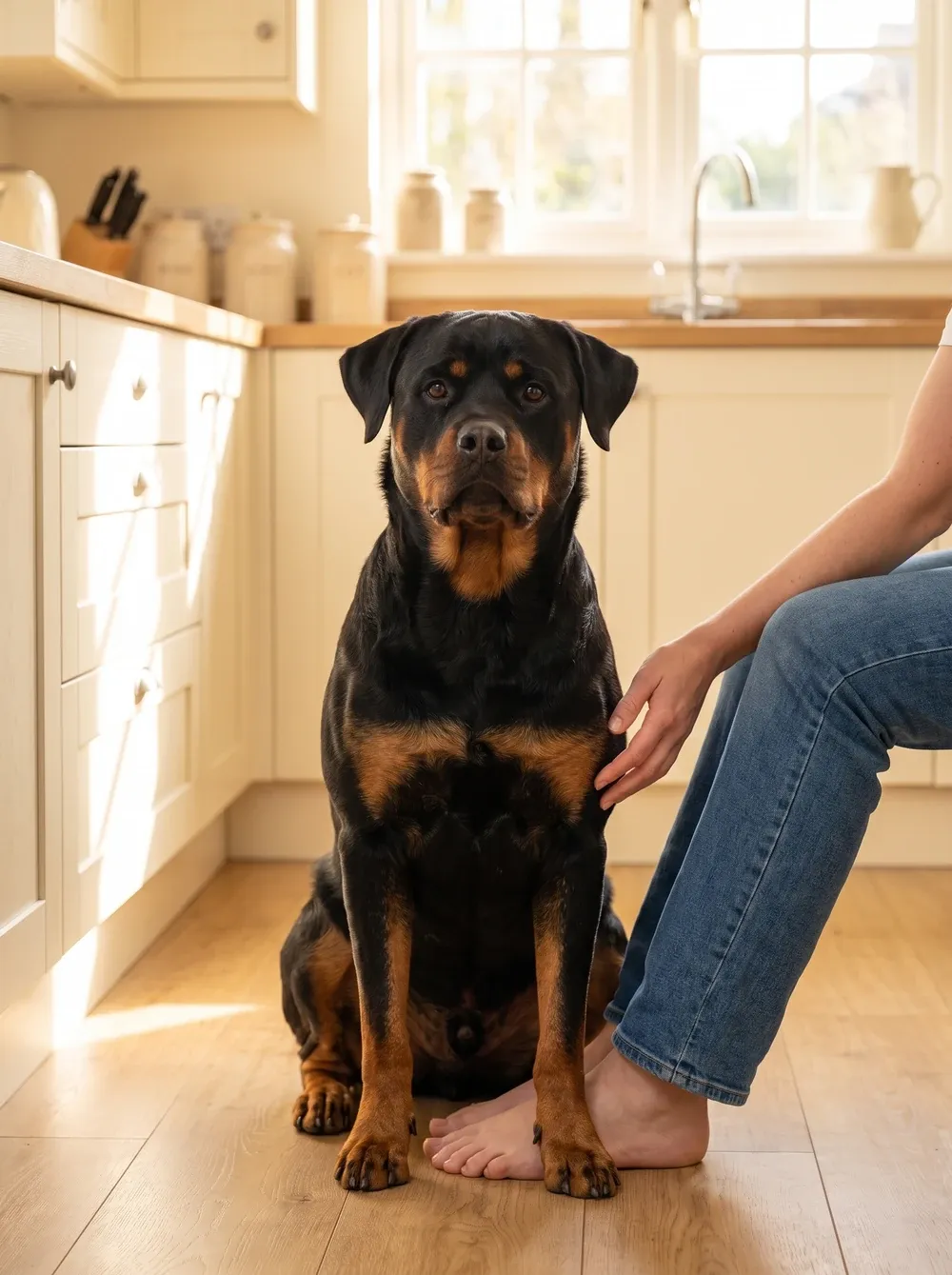 Rottweiler, sitting on a pet parent's bare feet in a sunny cream kitchen
