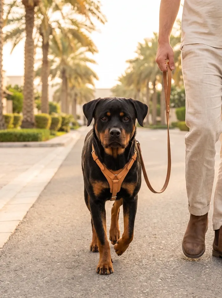 Rottweiler in Dubai, a young dog in a tan harness walking on a loose lead along a palm lined street