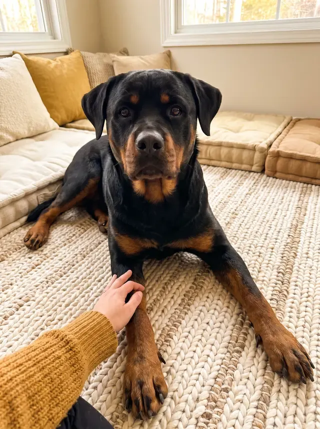 Rottweiler, lying on a woven rug among floor cushions while a pet parent feels a front leg