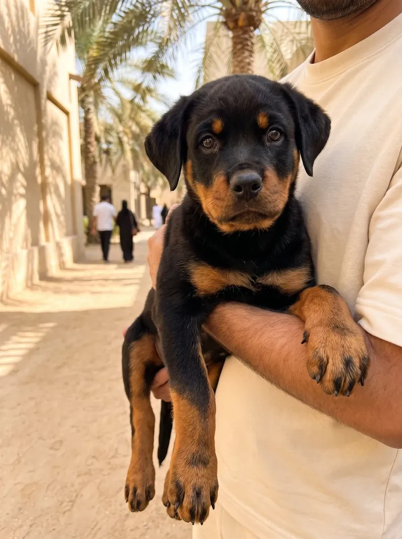 Rottweiler in Dubai, a puppy held in a pet parent's arms in a shaded courtyard with palms