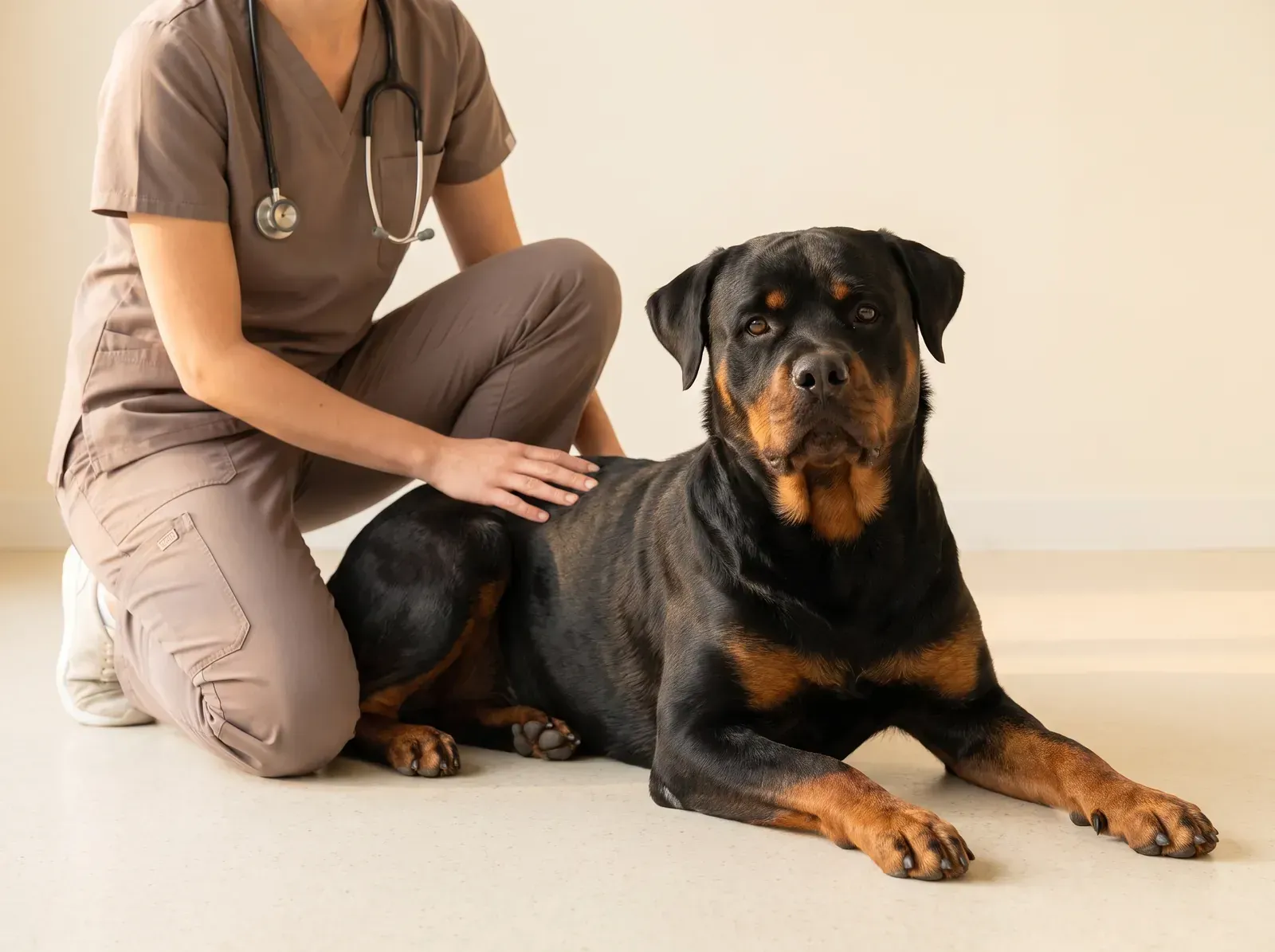 Rottweiler, lying on the floor while a vet in taupe scrubs kneels beside them, one hand on their back