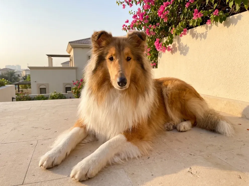 Rough Collie, a golden sable adult showing the full long coat on a villa terrace with bougainvillea