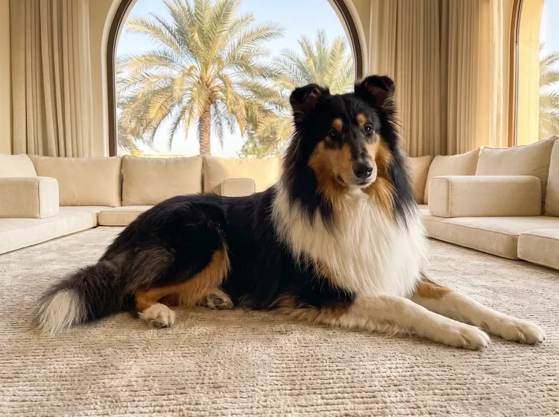 Rough Collie in Dubai, a tricolour adult lying on a rug in a majlis below arched windows onto palms