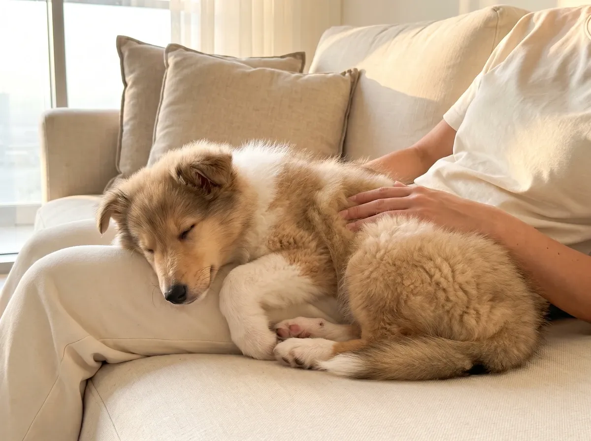 Rough Collie, a pale gold sable puppy asleep in a pet parent's lap on a linen sofa