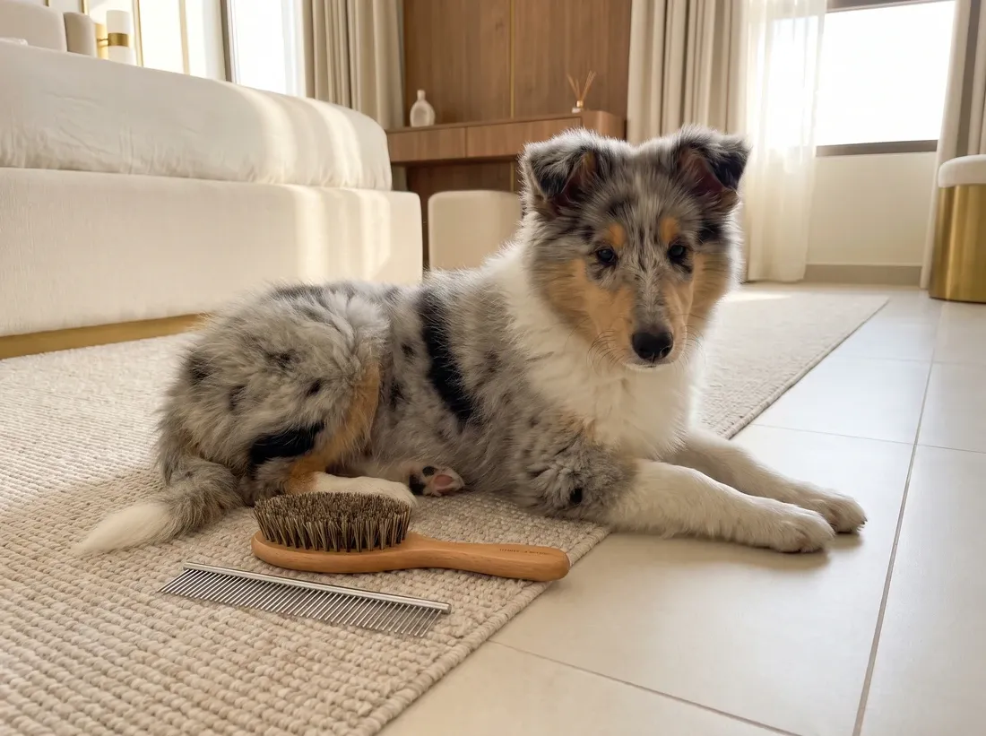 Rough Collie, a blue merle puppy lying on a mat beside a brush and a comb