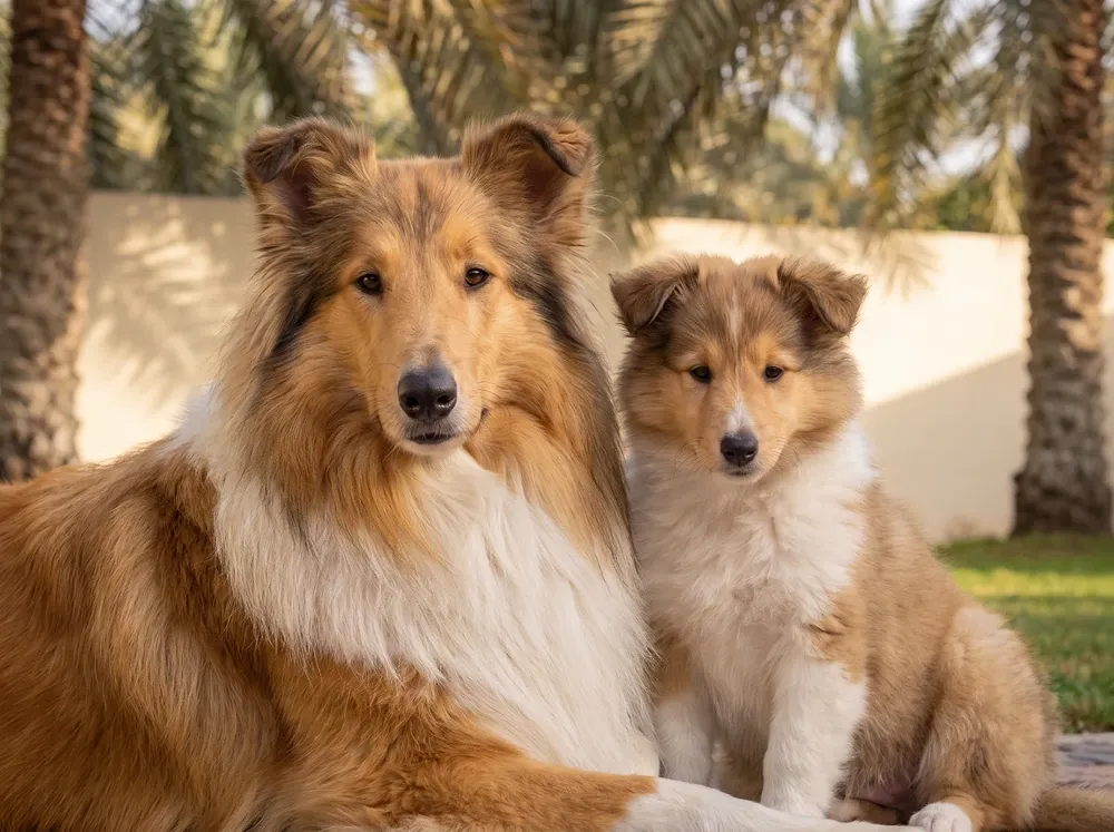 Rough Collie in Dubai, a golden sable mother and puppy on a villa lawn under date palms