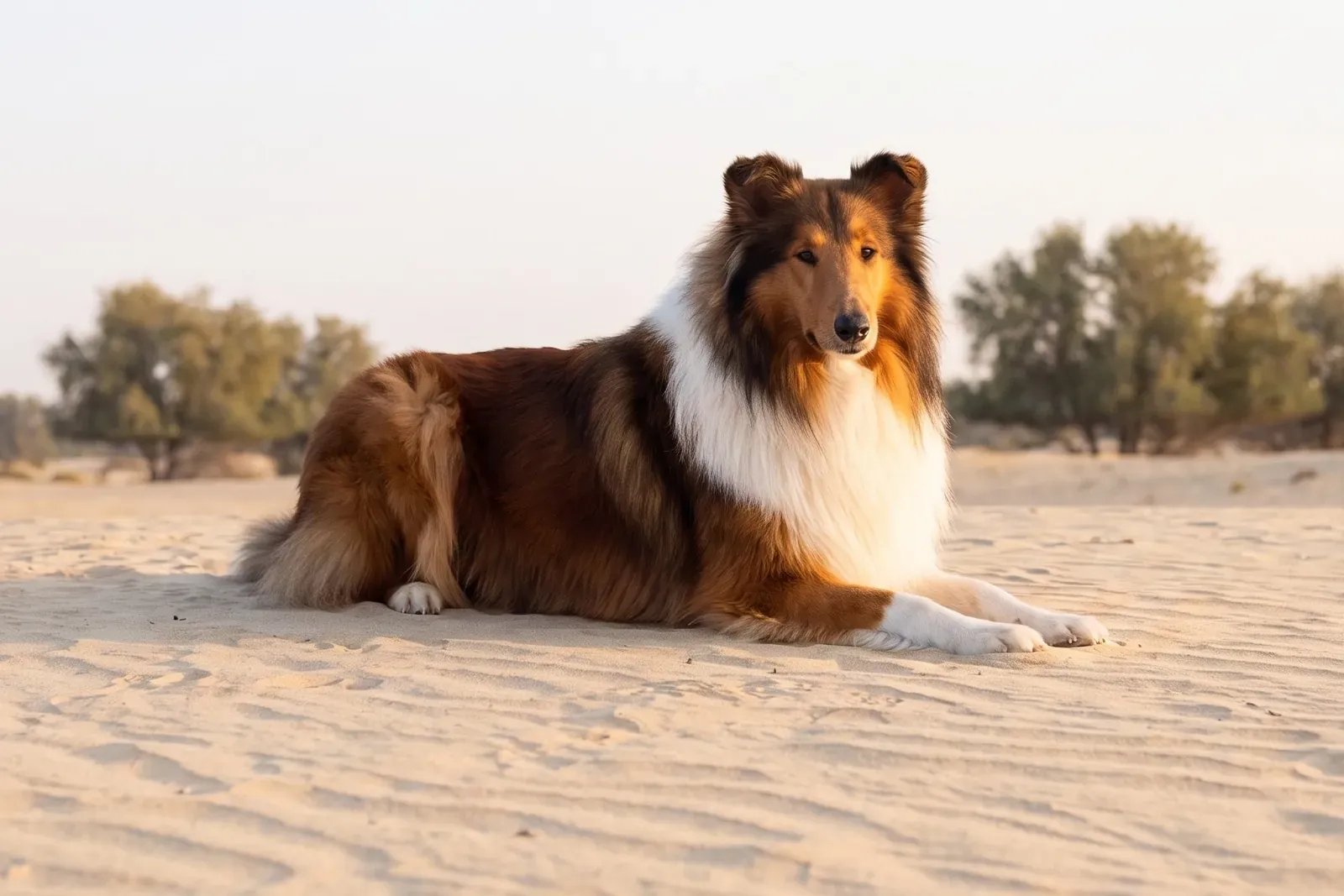 Rough Collie history, the breed today, a mahogany sable adult lying on desert sand among ghaf trees, Dubai, 2026