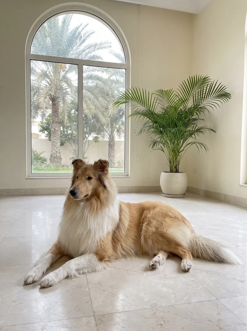 Rough Collie in Dubai, the same adult lying on cool marble tiles in a villa, date palms outside
