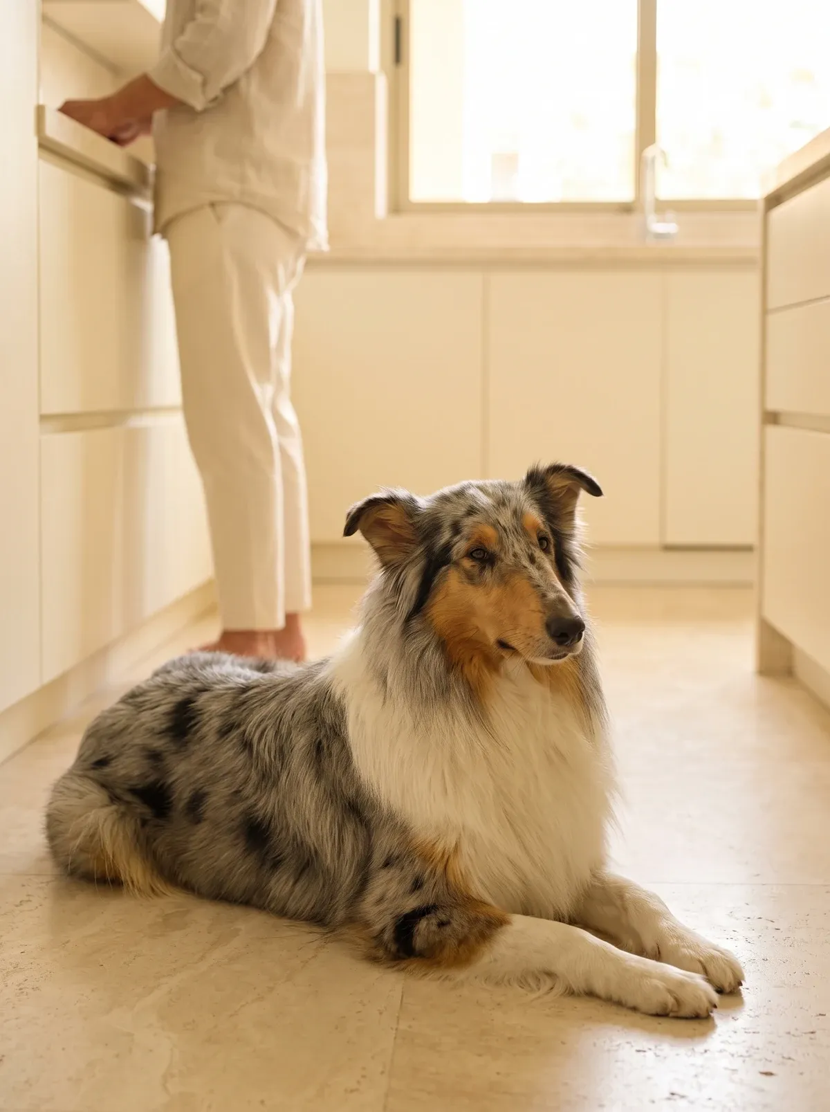 Rough Collie, a blue merle adult lying on a kitchen floor, watching their pet parent at the counter