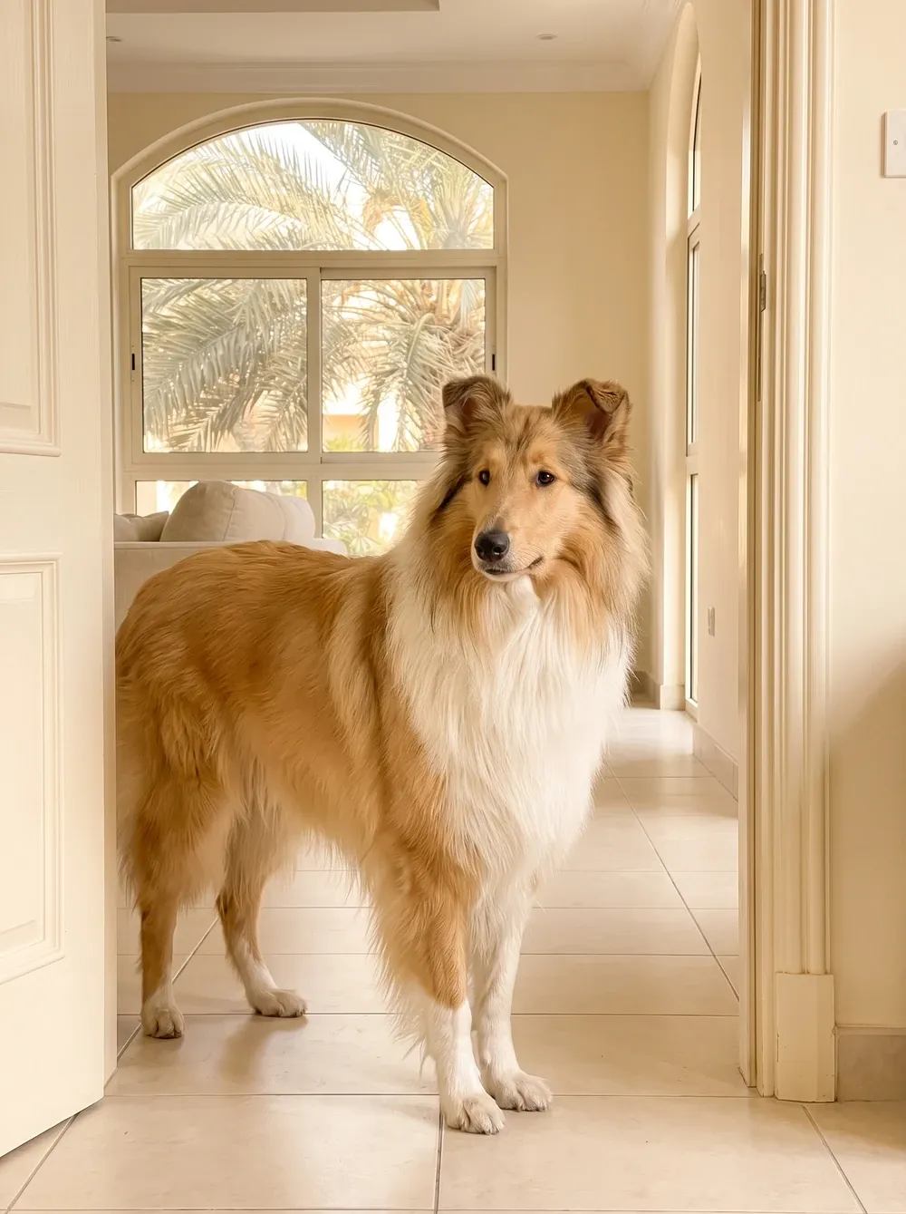 Rough Collie in Dubai, a pale gold sable adult standing in a doorway, arched window onto date palms behind
