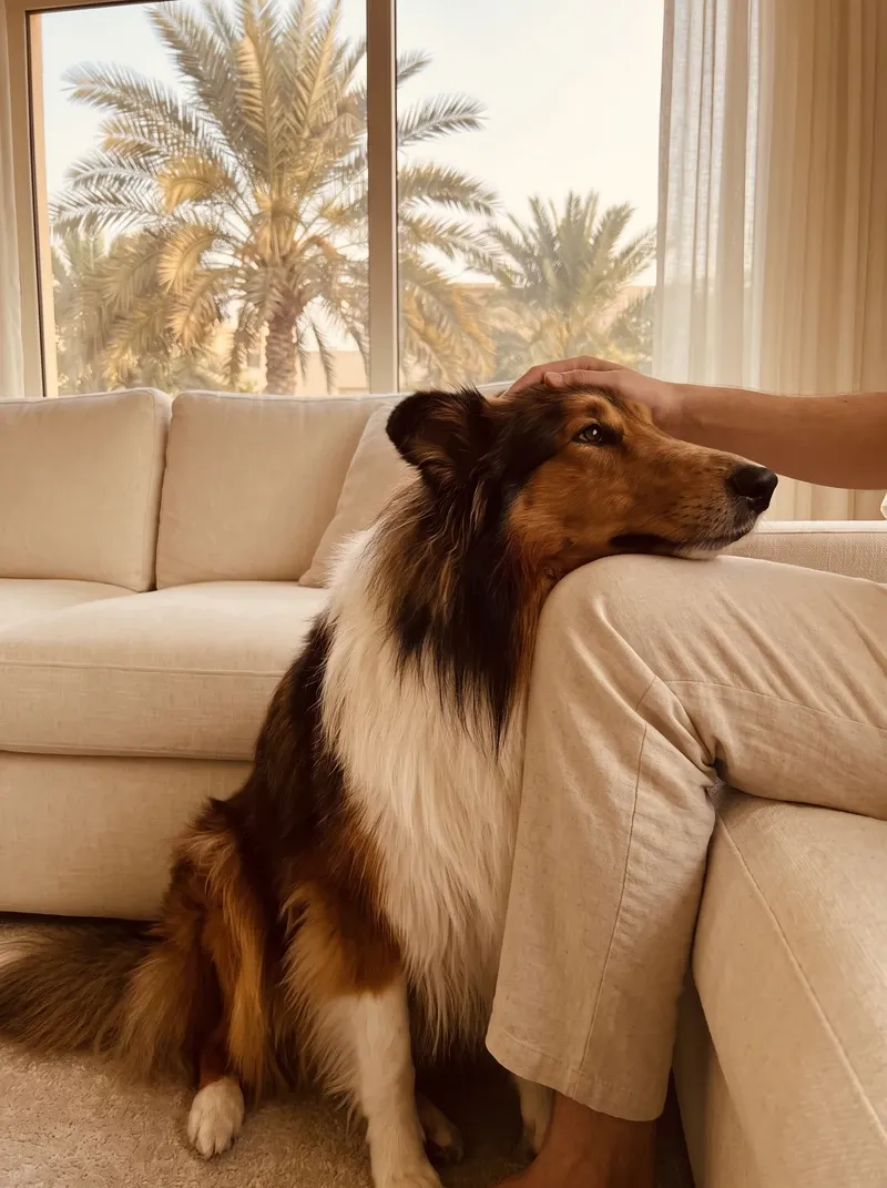 Rough Collie in Dubai, a mahogany sable adult resting their chin on a pet parent's knee, date palms outside