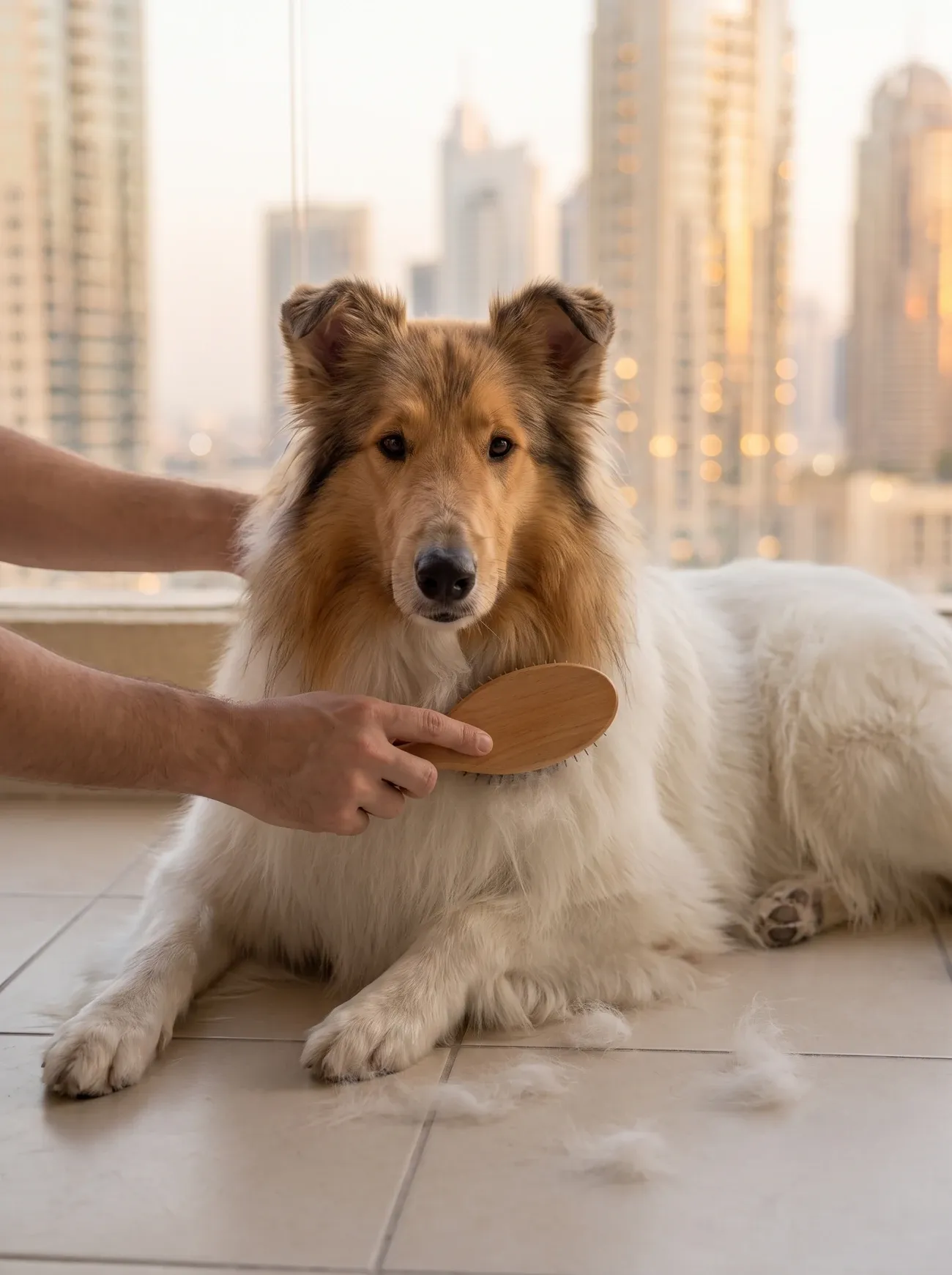 Rough Collie in Dubai, a white adult having their ruff brushed on a balcony, city towers at dusk