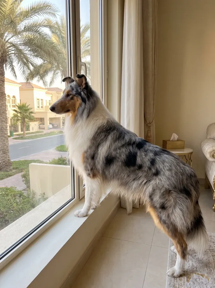 Rough Collie in Dubai, a blue merle adult at a window, watching a palm-lined street of villas