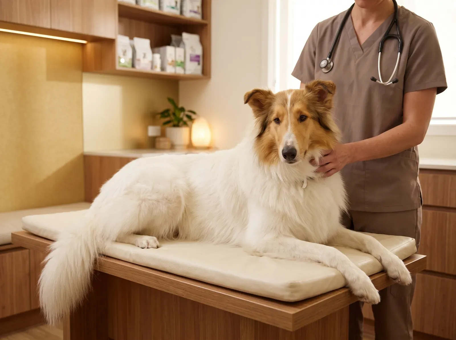 Rough Collie, a white adult lying on a padded table as a vet in taupe scrubs rests a hand in the ruff
