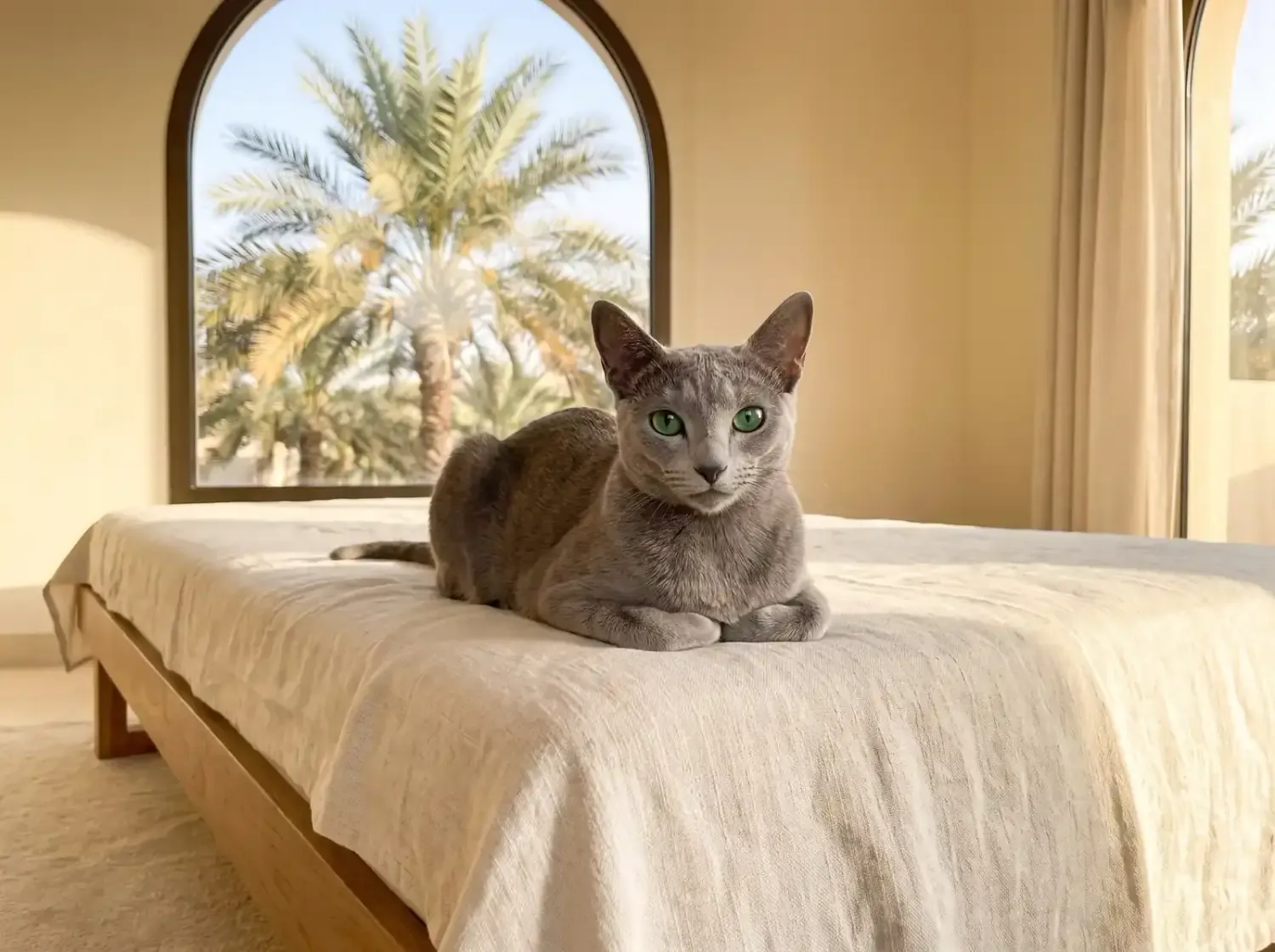 Russian Blue in Dubai, a silver-grey adult lying on a linen throw, palms through an arched window