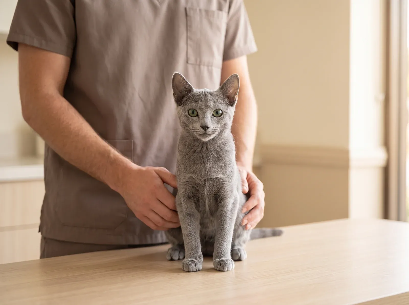 Russian Blue, a blue-grey kitten on a consultation table, steadied by hands in taupe scrubs