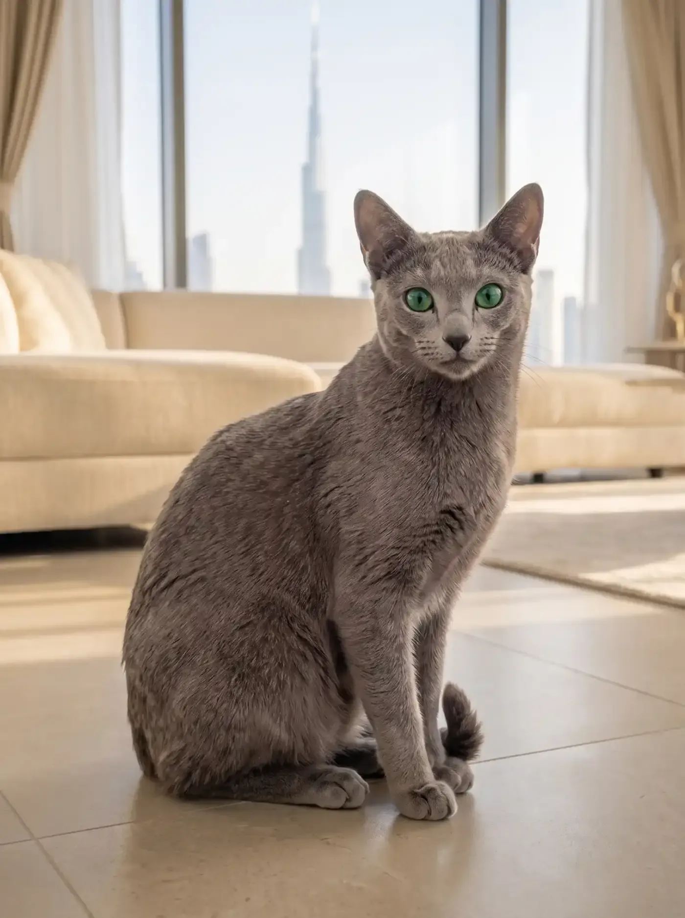 Russian Blue in Dubai, the same cat sitting on cool stone tiles, the Burj Khalifa through the window