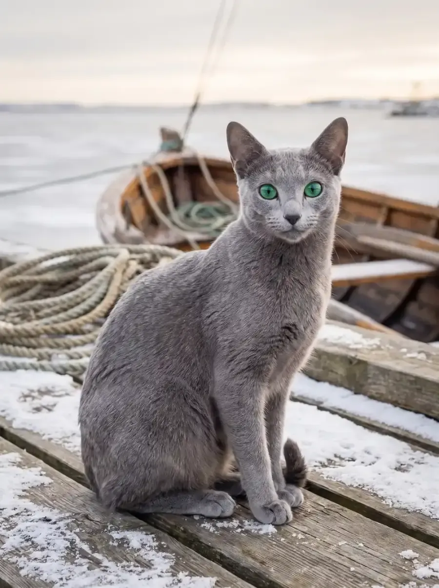Russian Blue, a blue-grey adult sitting on a snowy timber quay, a wooden boat behind