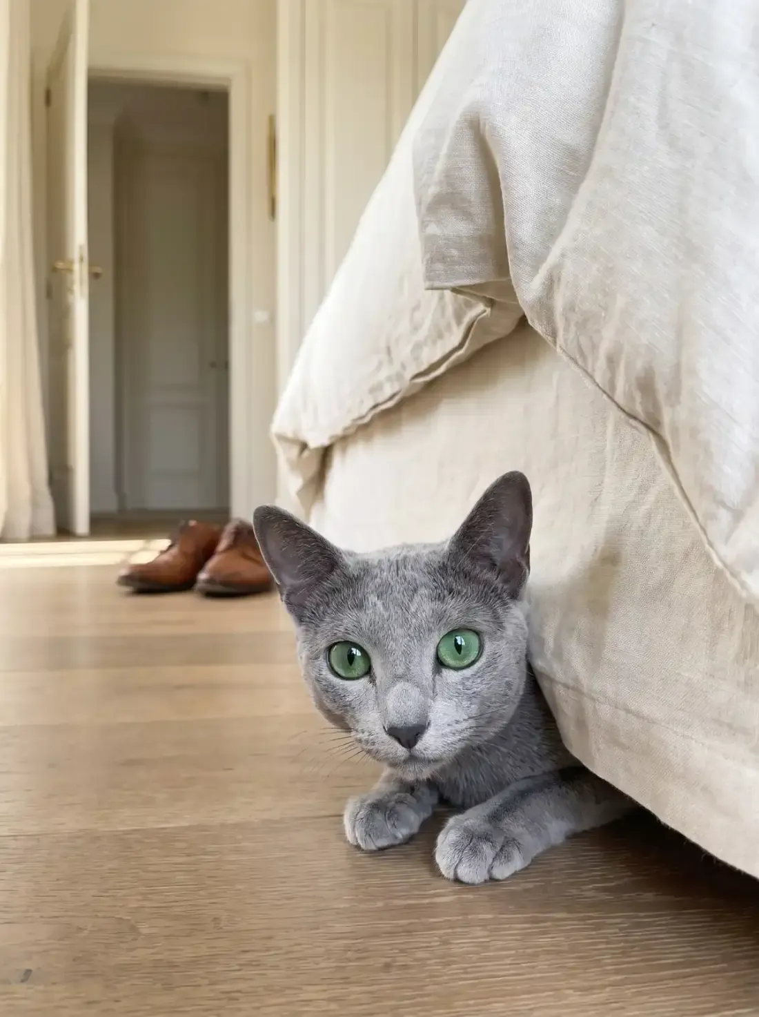 Russian Blue, a slate blue cat peering out from under a bed, a visitor's shoes by the door