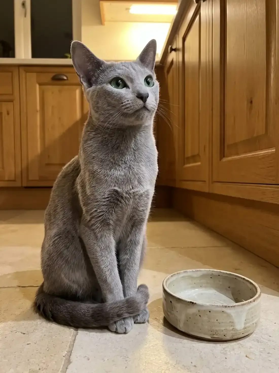 Russian Blue, a blue-grey adult sitting beside an empty bowl on a kitchen floor in the evening