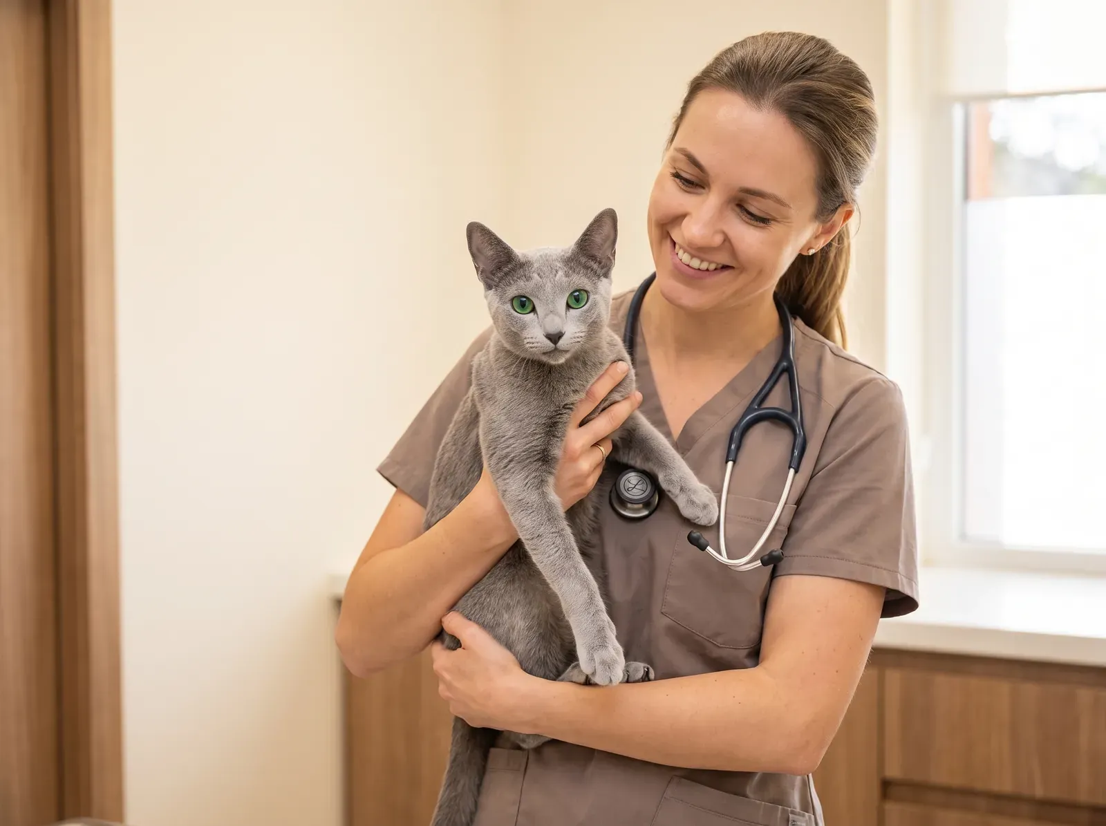 Russian Blue, a blue-grey cat held by a smiling vet in taupe scrubs