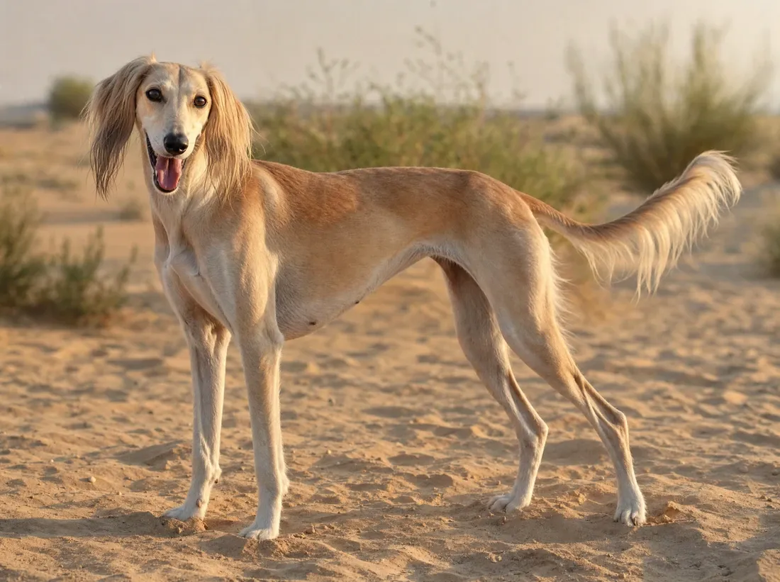 Saluki in Dubai, a cream feathered adult standing on desert sand among low scrub